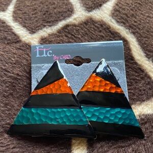 Vintage 80’s Triangle Earrings with Orange, Black and Teal Stripes